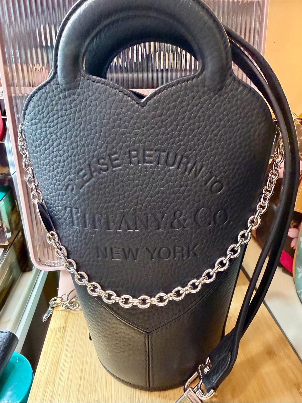 Tiffany & Co. Black Pebbled Leather Heart Mini Bag with Silver Chain